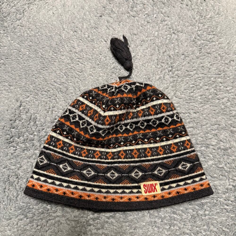 Swix Wool Ski Hat Beanie Nordic Fair Isle Gray Orange Made in Canada